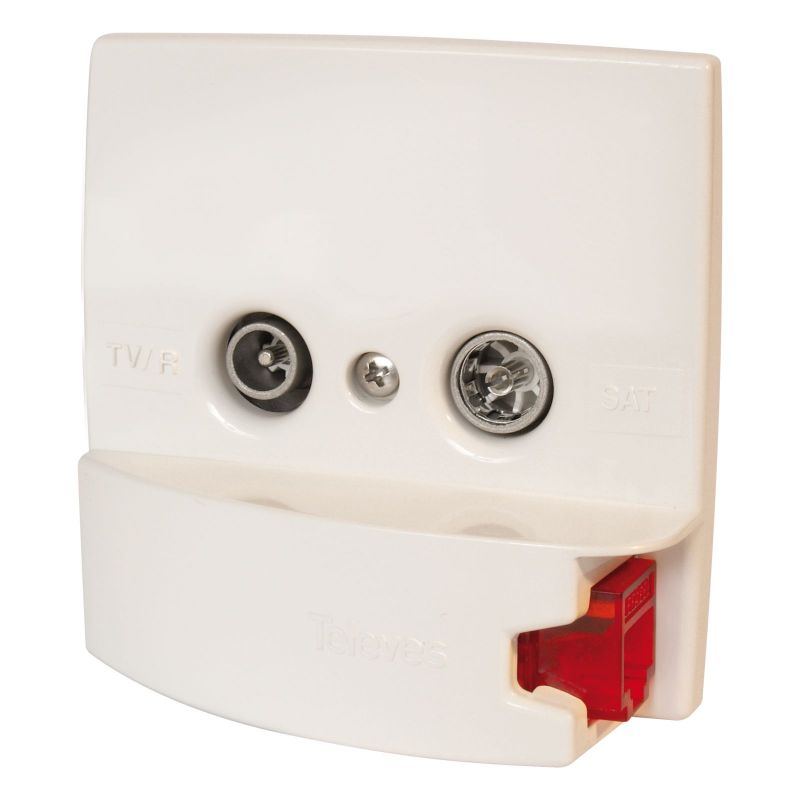 Embellecedor blanco con toma de RJ45 2 conectores TV/R-SAT + DATA Televes