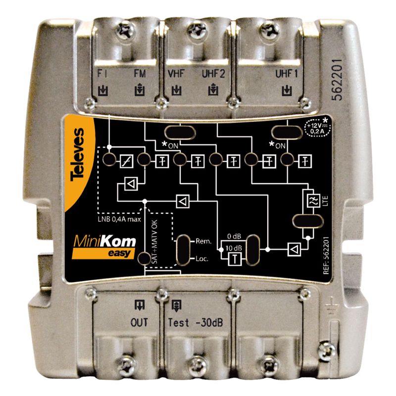 Amplificador MiniKom MATV + FI 5e/1s EasyF FM-VHF-UHF-UHF-FI