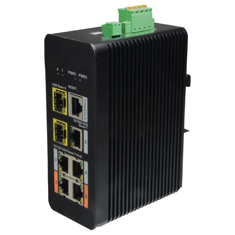 XS-SW0704HIPOE-MGF-120-DIN - X-Security PoE Switch, 5 RJ45 (4 PoE ports) + 2 fiber…