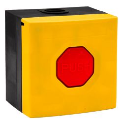 STI WSS3 5R04 STI. Pulsador WSS3. Carcasa amarilla, botón rojo