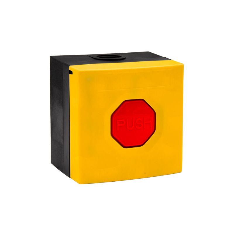 STI WSS3 5R04 STI. Pulsador WSS3. Carcasa amarilla, botón rojo