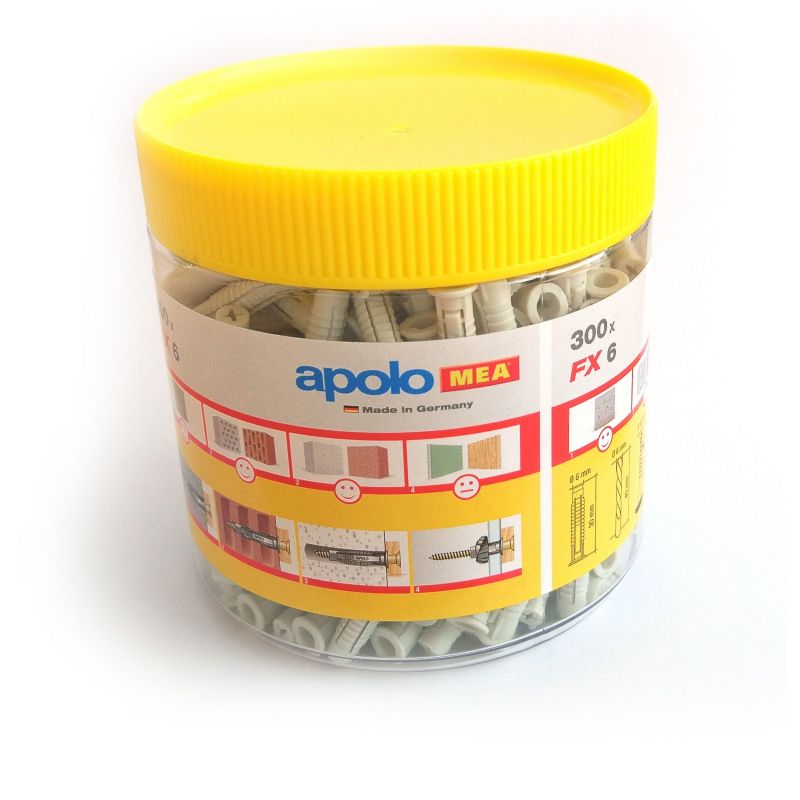 Bote de 300 tacos de nylon Apolo FX6 de 6mm. Apolo Mea 96EXPFX